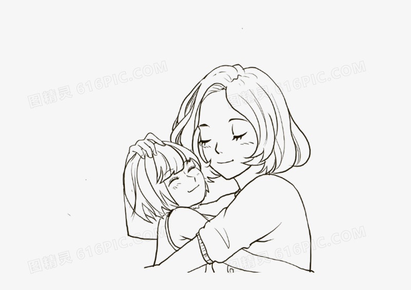 母亲节手绘温暖拥抱线稿免抠插画素材，传递真挚情感